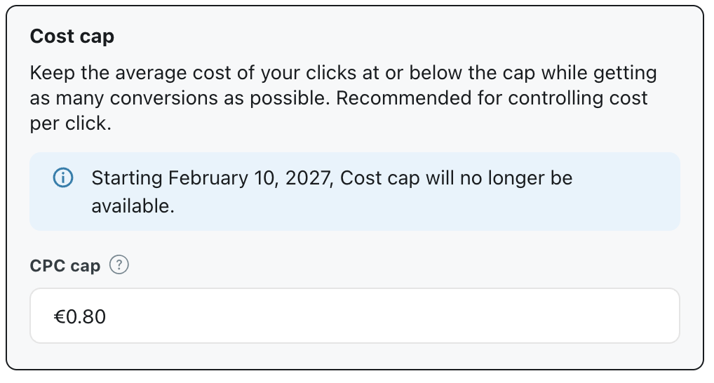 Reddit Ads Manager, postavke cost cap bidding strategije s porukom da od 10. veljače 2027. cost cap više neće biti dostupan